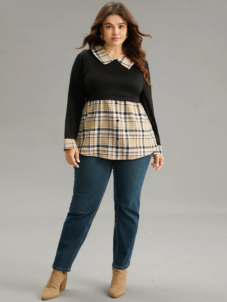 Plaid Patchwork Button Detail Lapel Collar T-shirt sold by Bloomchic product image thumbnail 4