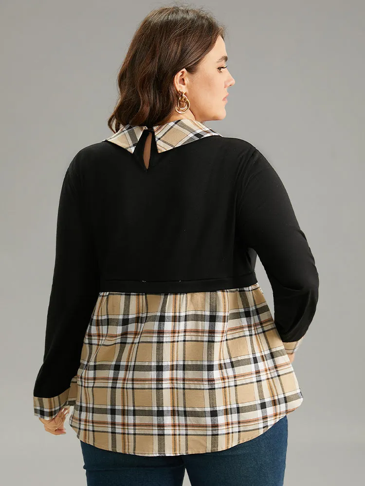 Plaid Patchwork Button Detail Lapel Collar T-shirt sold by Bloomchic product image thumbnail 2