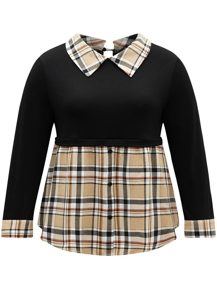 Plaid Patchwork Button Detail Lapel Collar T-shirt sold by Bloomchic product image thumbnail 5