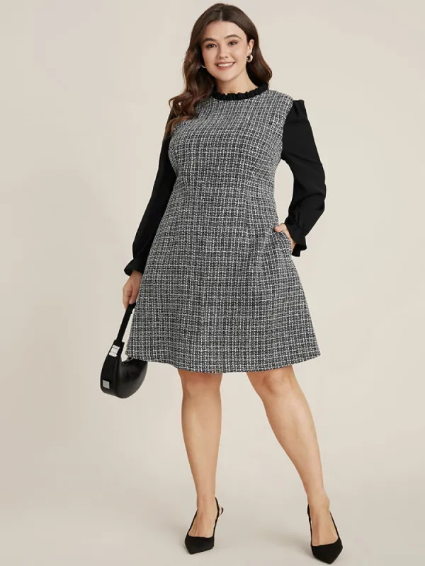Plaid Patchwork Frill Trim Mock Neck Tweed Dress sold by Bloomchic