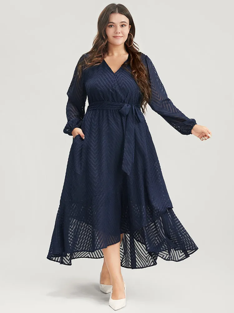 Solid Geometric Wrap Pocket Belted Asymmetrical Hem Dress sold by Bloomchic product image thumbnail 5