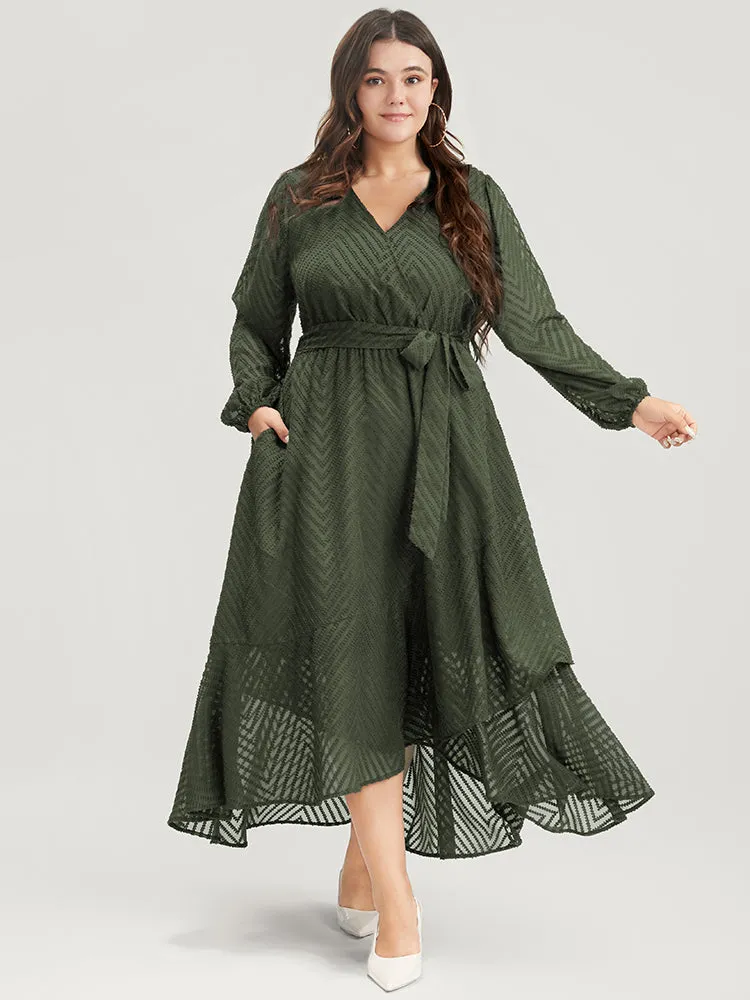 Solid Geometric Wrap Pocket Belted Asymmetrical Hem Dress sold by Bloomchic product image thumbnail 2