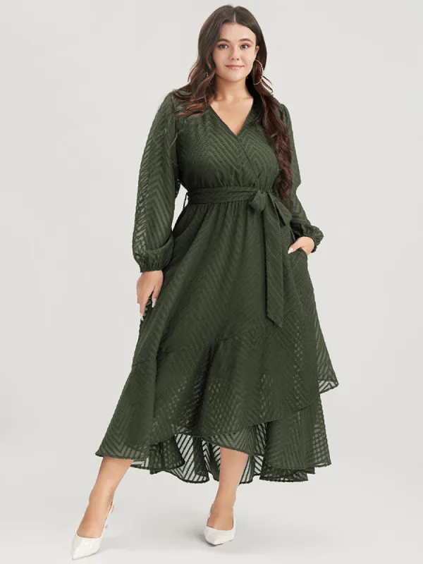 Solid Geometric Wrap Pocket Belted Asymmetrical Hem Dress sold by Bloomchic