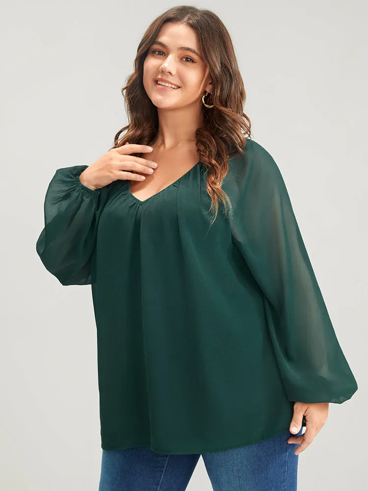 Solid V Neck Mesh Lantern Sleeve Blouse sold by Bloomchic product image thumbnail 4