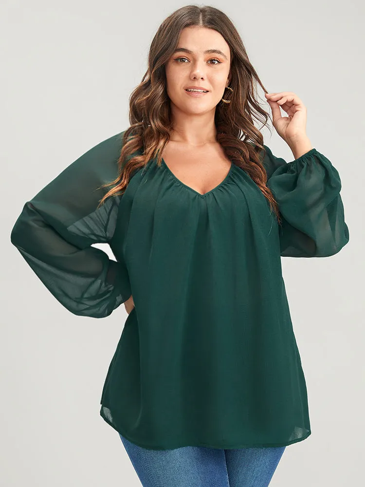 Solid V Neck Mesh Lantern Sleeve Blouse sold by Bloomchic
