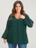 Solid V Neck Mesh Lantern Sleeve Blouse sold by Bloomchic