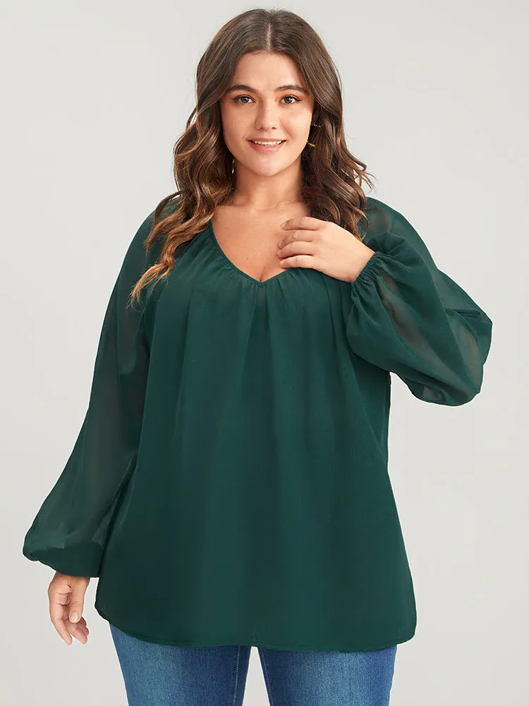 Solid V Neck Mesh Lantern Sleeve Blouse sold by Bloomchic product image thumbnail 3