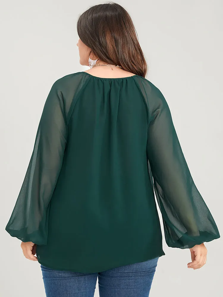 Solid V Neck Mesh Lantern Sleeve Blouse sold by Bloomchic product image thumbnail 5