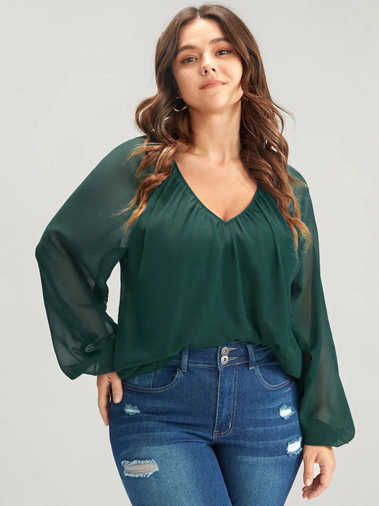 Solid V Neck Mesh Lantern Sleeve Blouse sold by Bloomchic product image thumbnail 2