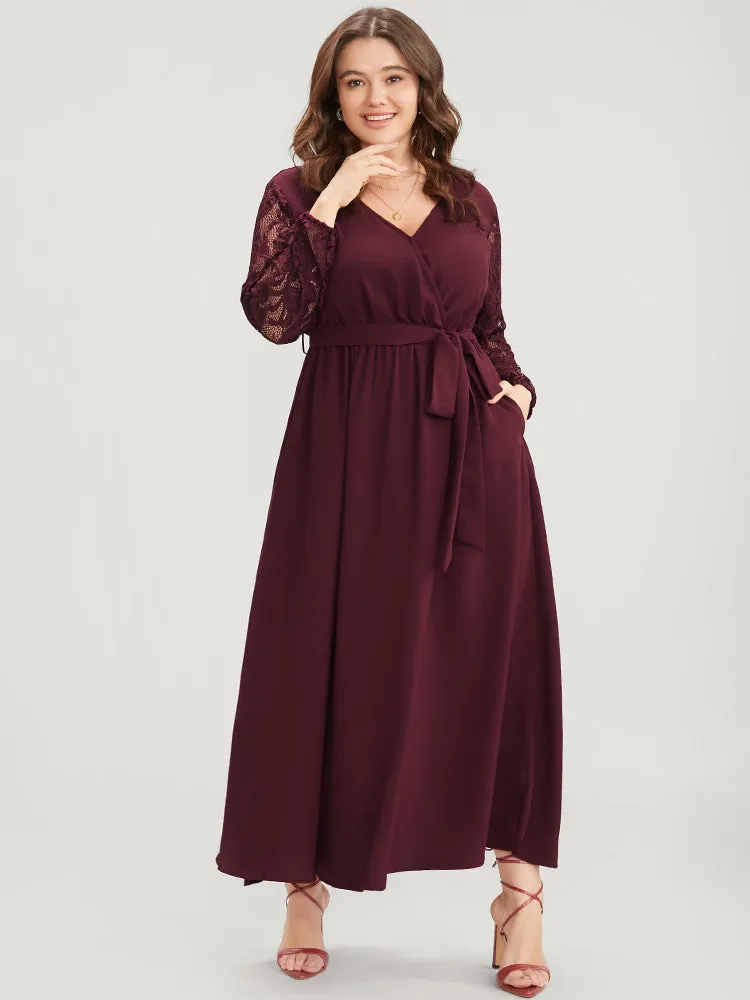 Solid Wrap Pocket Lantern Sleeve Lace Belted Maxi Dress sold by Bloomchic product image thumbnail 3