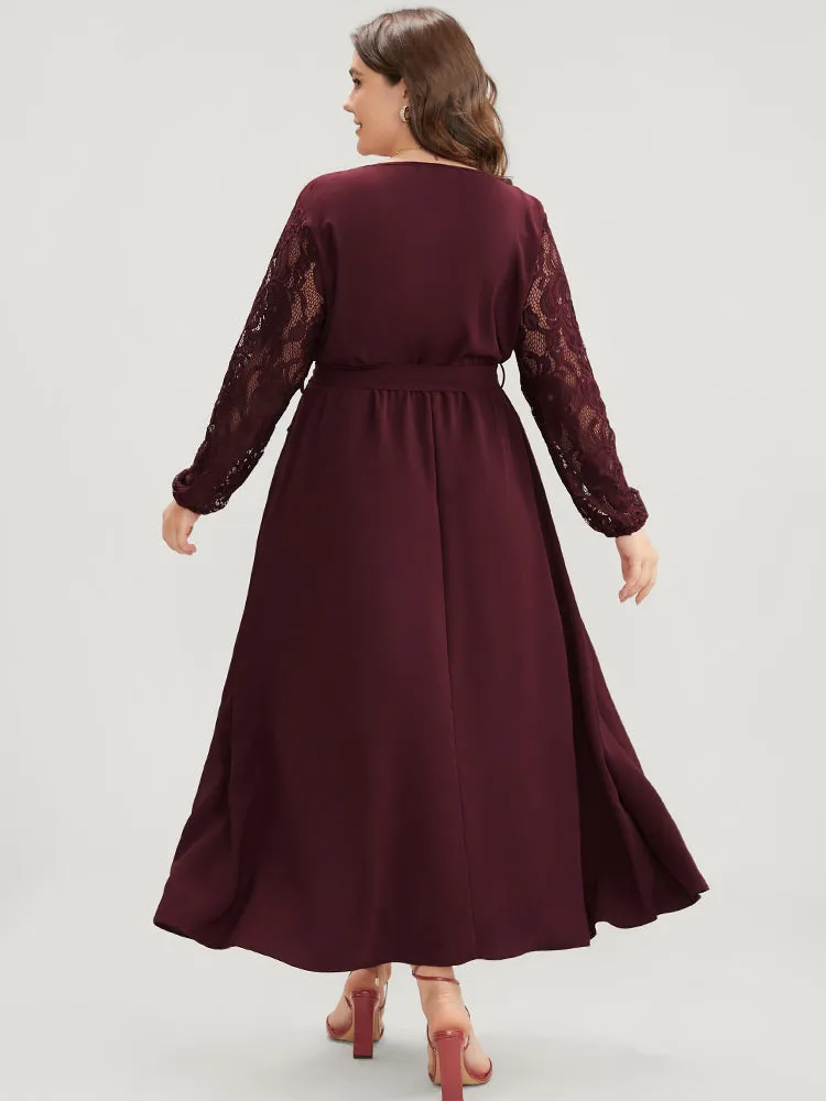 Solid Wrap Pocket Lantern Sleeve Lace Belted Maxi Dress sold by Bloomchic product image thumbnail 2