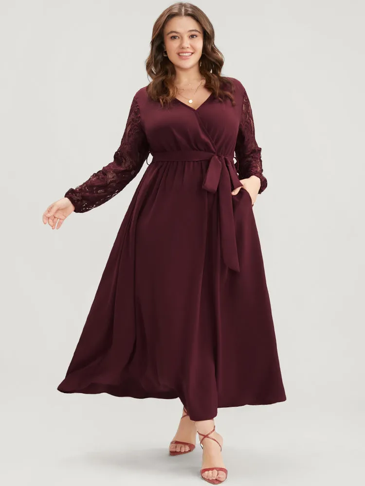 Solid Wrap Pocket Lantern Sleeve Lace Belted Maxi Dress sold by Bloomchic