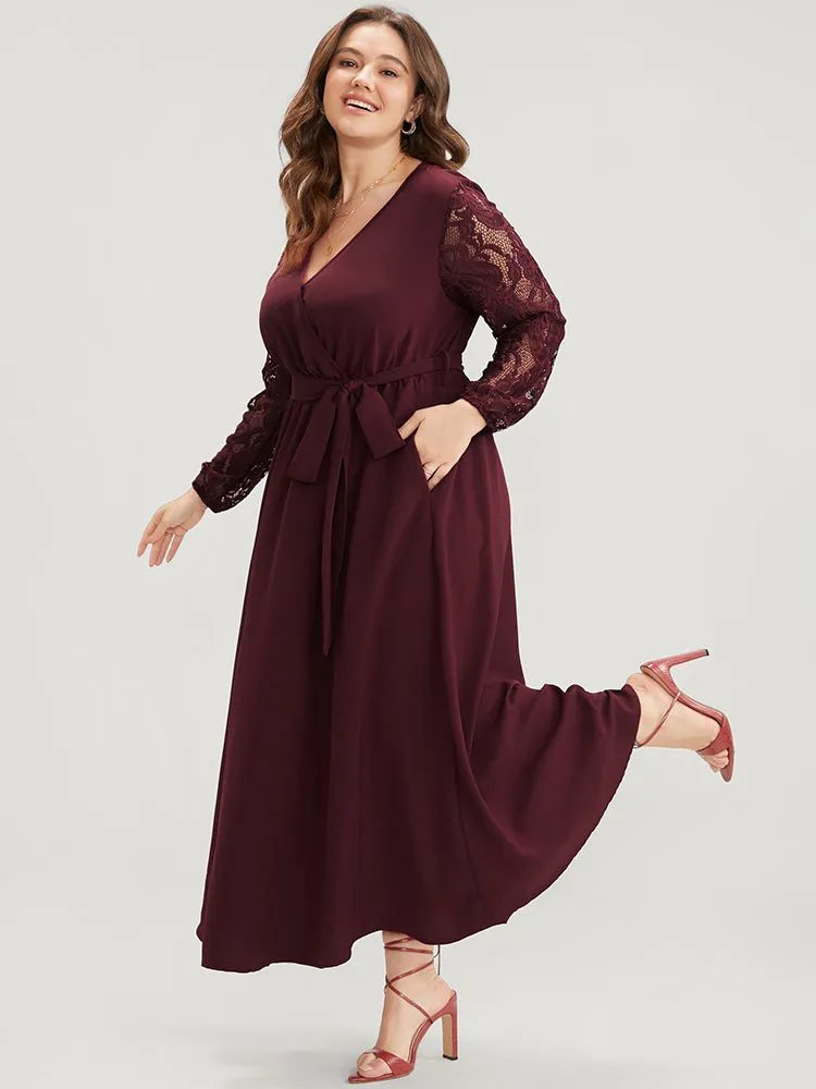 Solid Wrap Pocket Lantern Sleeve Lace Belted Maxi Dress sold by Bloomchic product image thumbnail 5