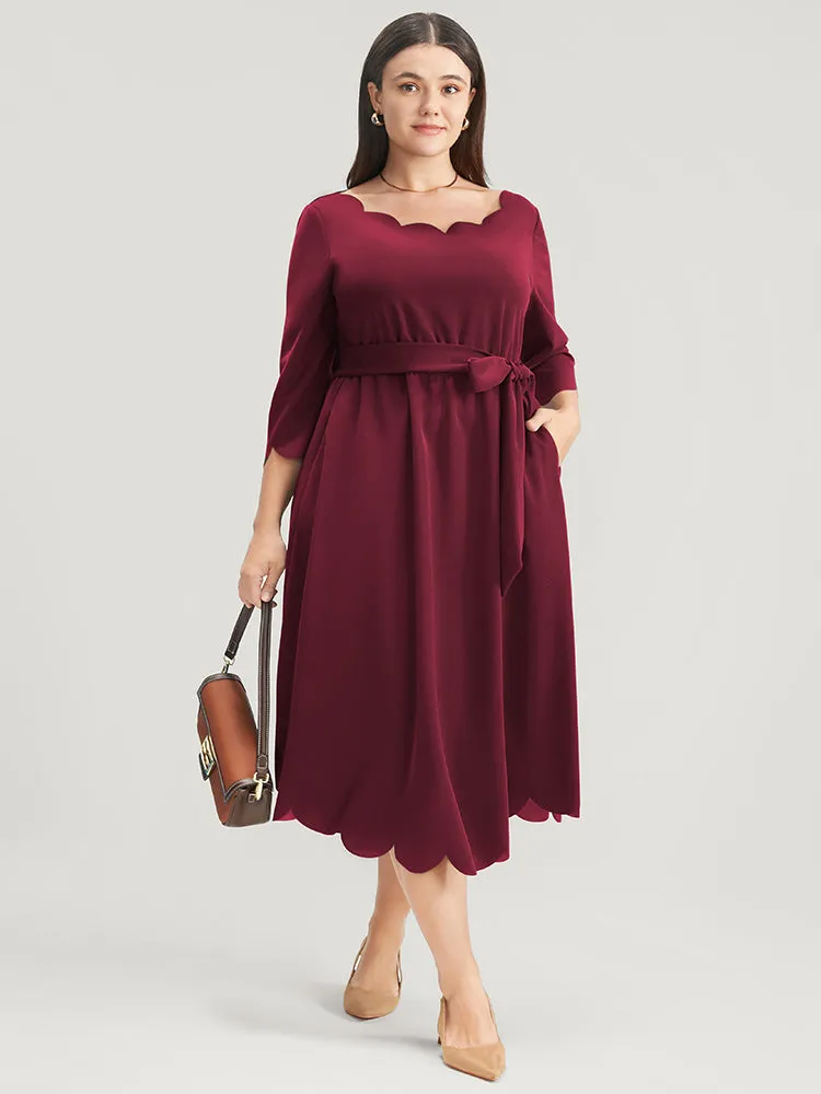 Solid Pocket Scalloped Trim Belted Midi Dress sold by Bloomchic product image thumbnail 2