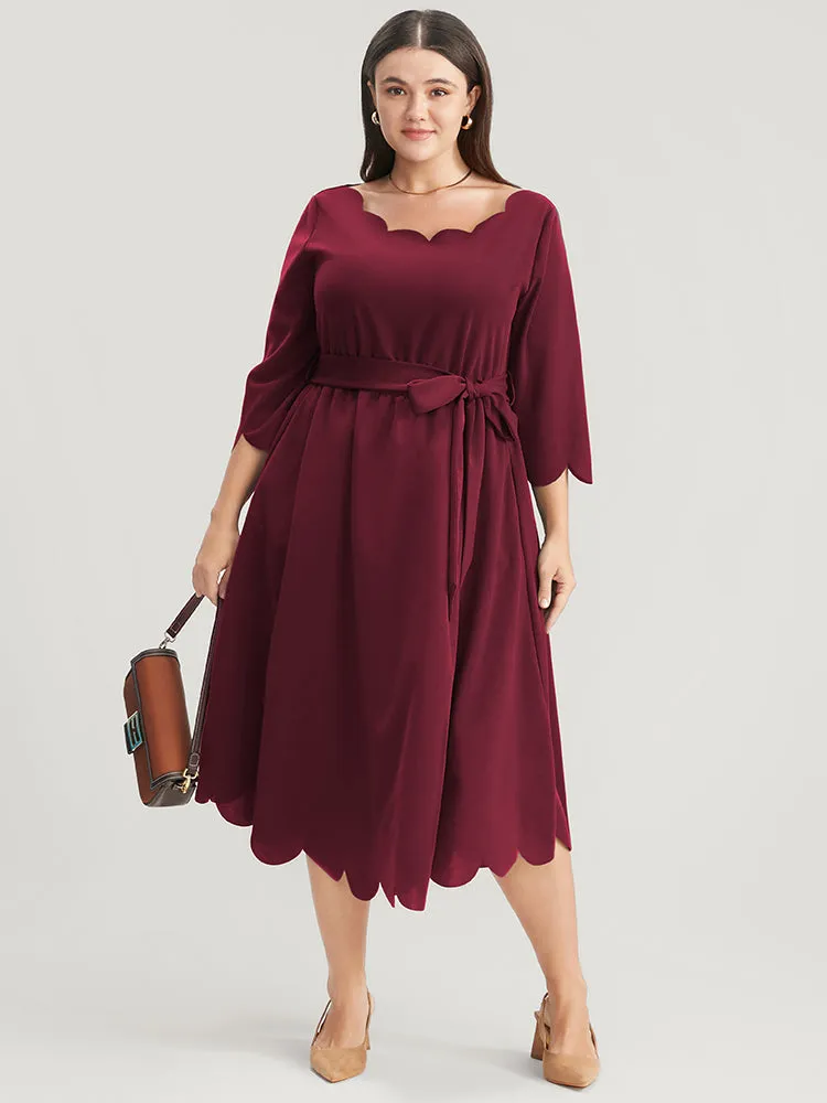 Solid Pocket Scalloped Trim Belted Midi Dress sold by Bloomchic product image thumbnail 4