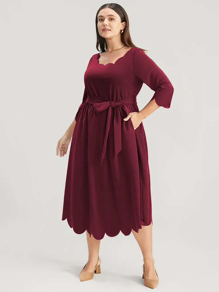 Solid Pocket Scalloped Trim Belted Midi Dress sold by Bloomchic product image thumbnail 3