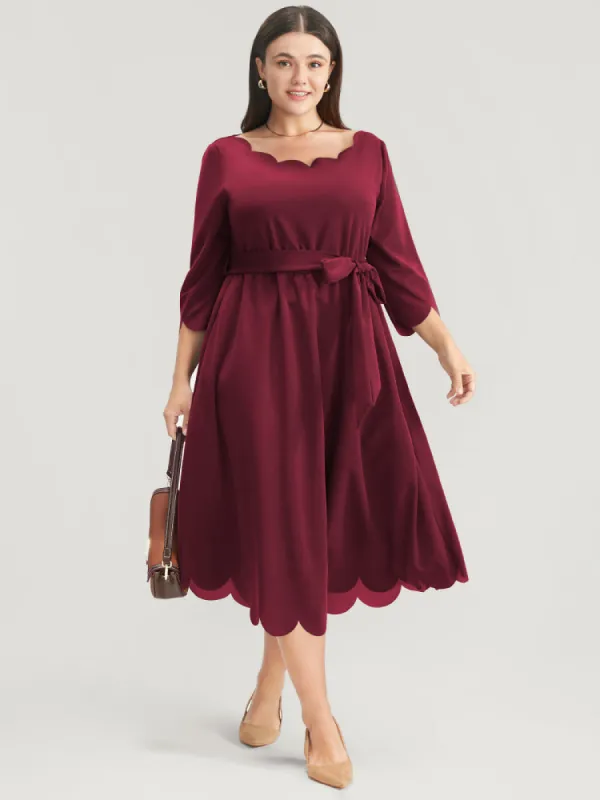 Solid Pocket Scalloped Trim Belted Midi Dress sold by Bloomchic