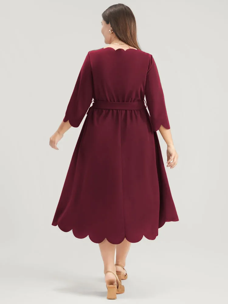Solid Pocket Scalloped Trim Belted Midi Dress sold by Bloomchic product image thumbnail 5