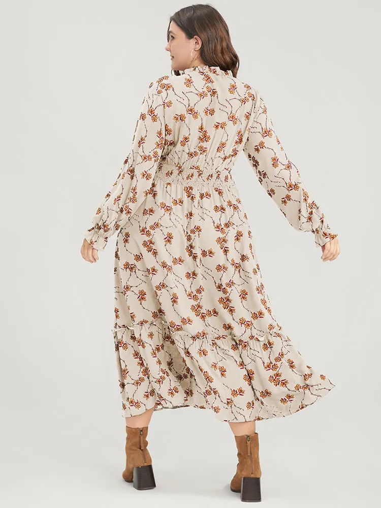 Floral Lantern Sleeve Pocket Tie Neck Shirred Midi Dress sold by Bloomchic product image thumbnail 4