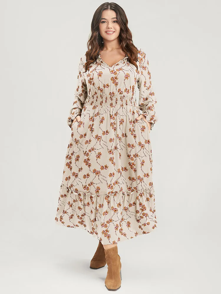 Floral Lantern Sleeve Pocket Tie Neck Shirred Midi Dress sold by Bloomchic product image thumbnail 2