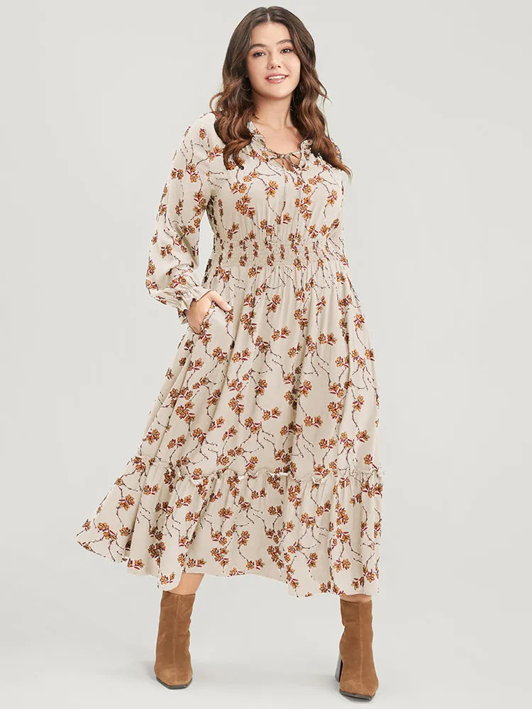 Floral Lantern Sleeve Pocket Tie Neck Shirred Midi Dress sold by Bloomchic