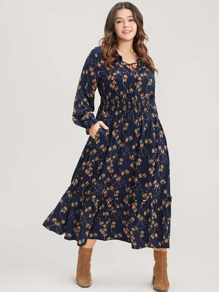 Floral Lantern Sleeve Pocket Tie Neck Shirred Midi Dress sold by Bloomchic product image thumbnail 5