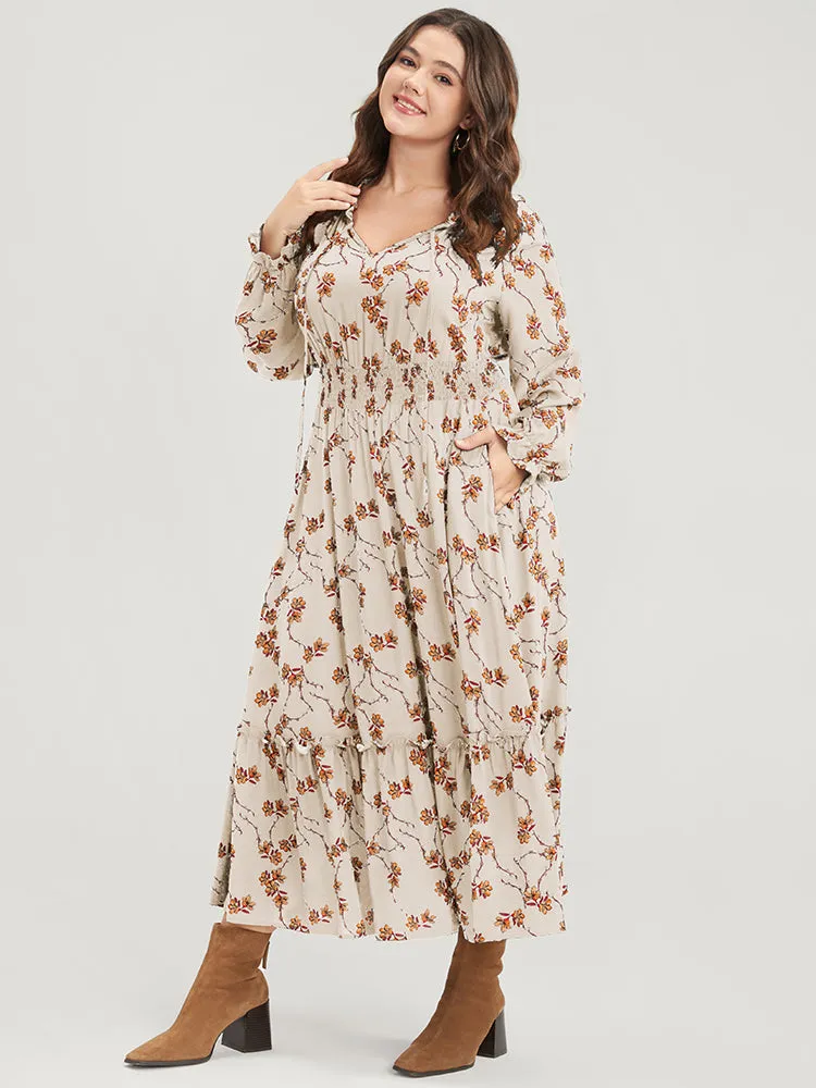 Floral Lantern Sleeve Pocket Tie Neck Shirred Midi Dress sold by Bloomchic product image thumbnail 3
