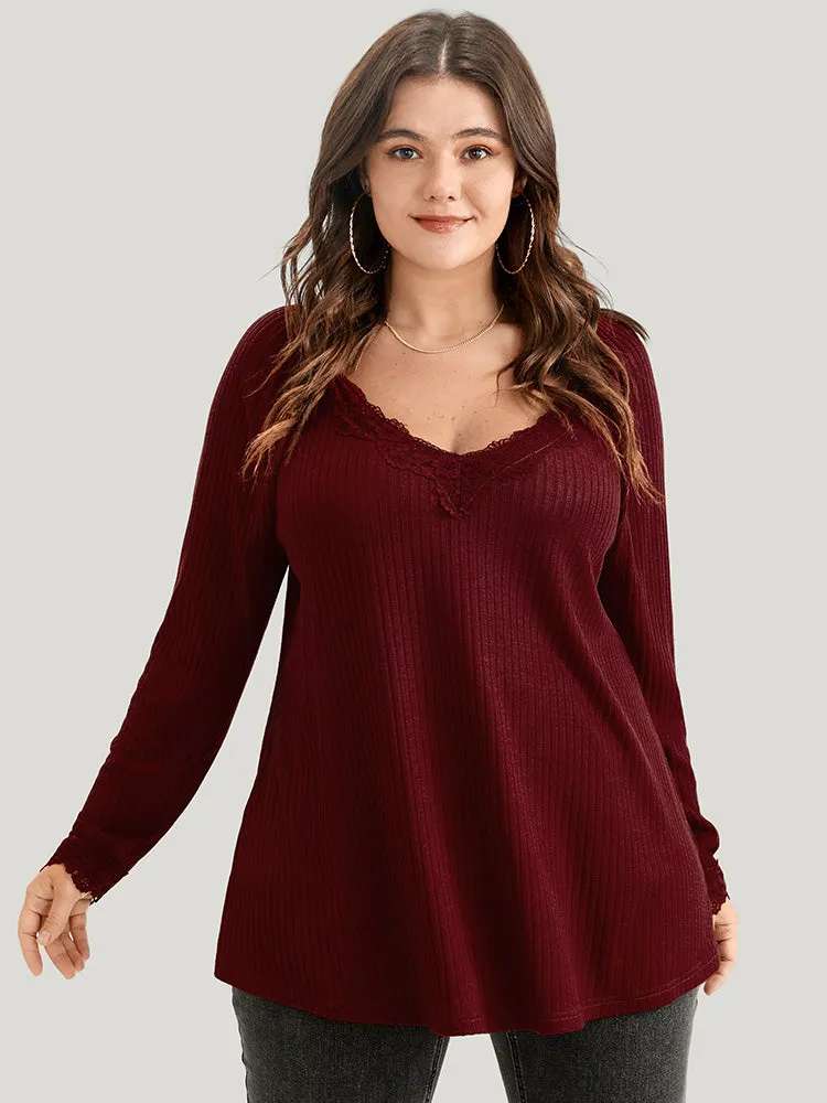Solid Lace Trim Rib Knit Long Tee sold by Bloomchic