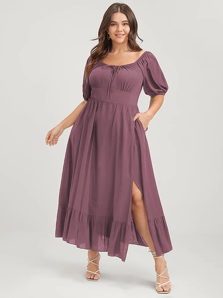 Solid Pocket Lantern Sleeve Ruffles Ties Square Neck Maxi Dress sold by Bloomchic