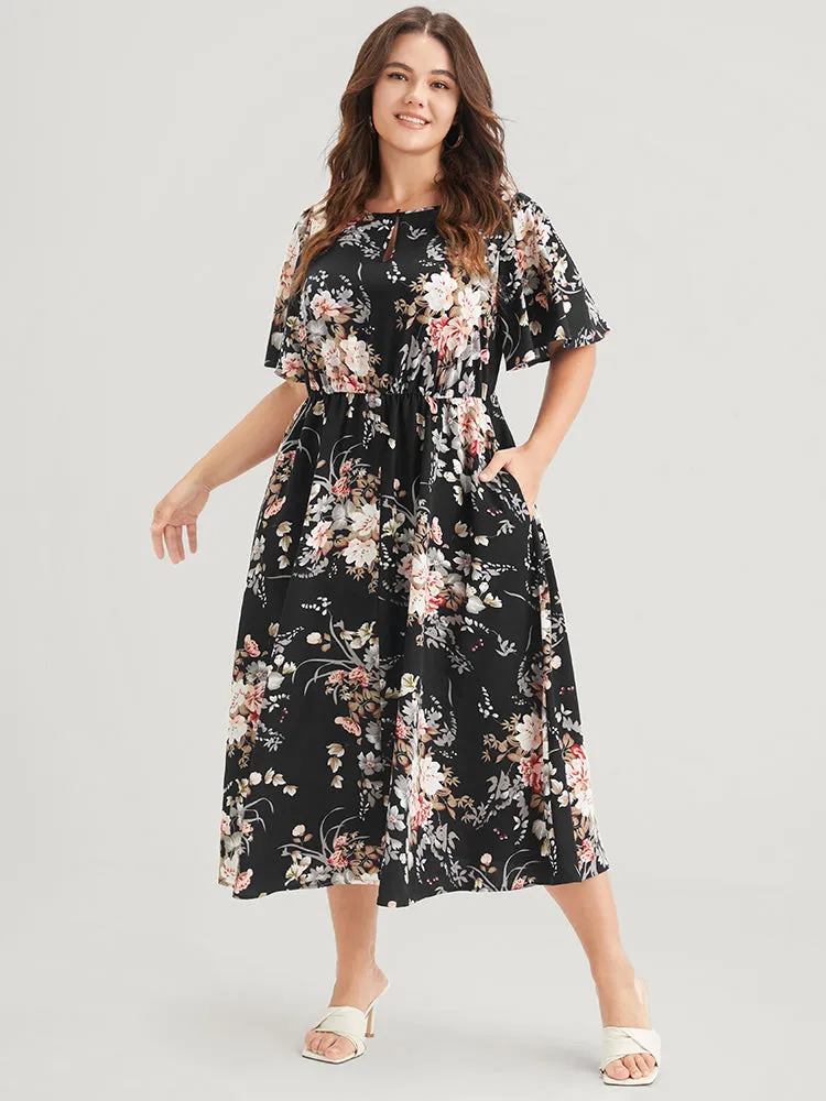 Bloom Dress - Floral Keyhole Round Neck Pocket Ruffles Midi Dress sold by Bloomchic product image thumbnail 2