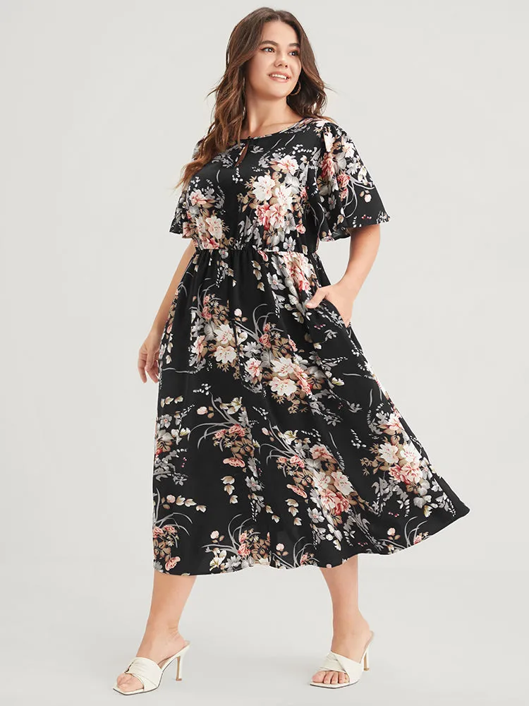 Bloom Dress - Floral Keyhole Round Neck Pocket Ruffles Midi Dress sold by Bloomchic