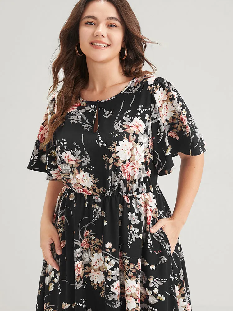 Bloom Dress - Floral Keyhole Round Neck Pocket Ruffles Midi Dress sold by Bloomchic product image thumbnail 4