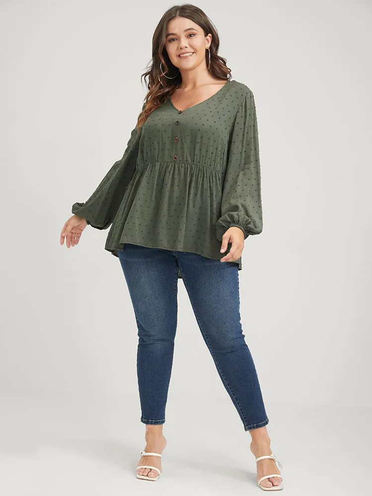 Polka Dot Flutter Button Detail Lantern Sleeve Blouse sold by Bloomchic product image thumbnail 2