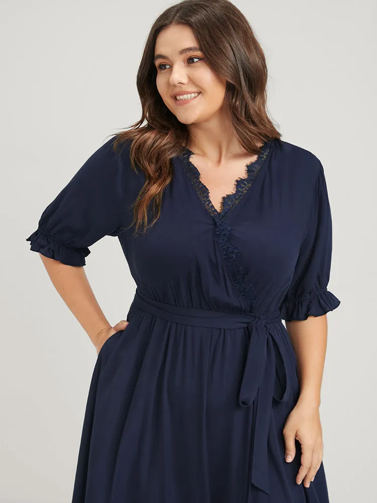 Solid Knotted Pocket Lace Trim Wrap Maxi Dress sold by Bloomchic product image thumbnail 5