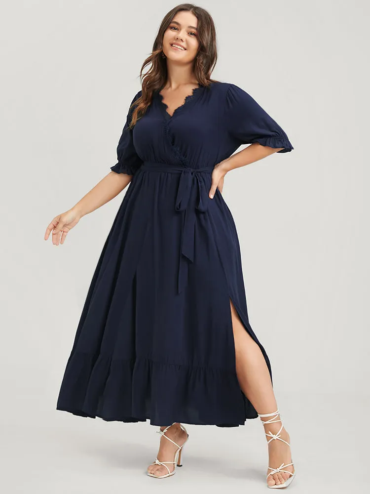 Solid Knotted Pocket Lace Trim Wrap Maxi Dress sold by Bloomchic