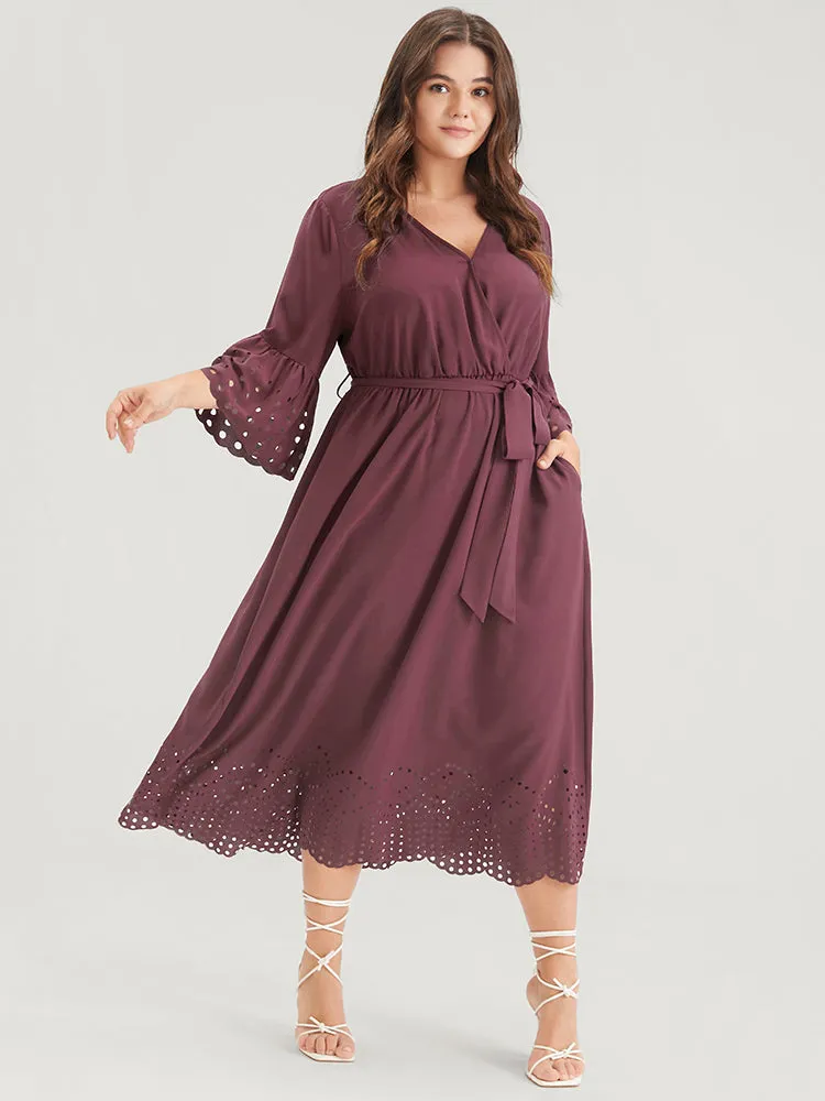 Plain Scalloped Ruffles Pocket Laser Cut Belted Wrap Dress sold by Bloomchic product image thumbnail 3