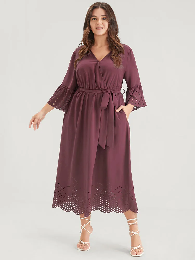 Plain Scalloped Ruffles Pocket Laser Cut Belted Wrap Dress sold by Bloomchic product image thumbnail 2