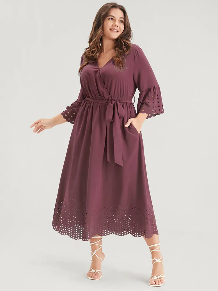 Plain Scalloped Ruffles Pocket Laser Cut Belted Wrap Dress sold by Bloomchic