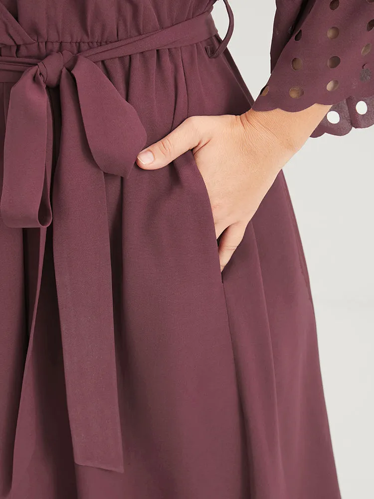 Plain Scalloped Ruffles Pocket Laser Cut Belted Wrap Dress sold by Bloomchic product image thumbnail 4