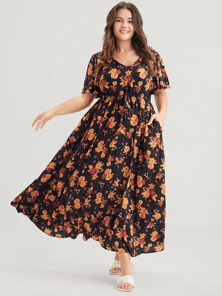 Bloom Dress -Floral Print V Neck Pocket Ties Ruffles Maxi Dress sold by Bloomchic