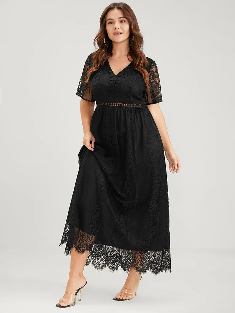 Plain V Neck Mesh Lace Maxi Dress sold by Bloomchic
