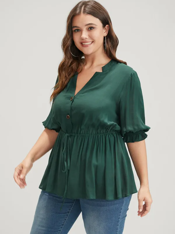 Plain Drawstring Button Flutter Blouse sold by Bloomchic