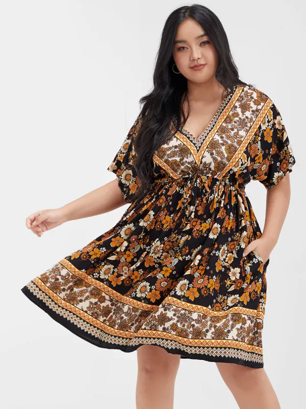 Floral V Neck Elastic Waist Pocket Ruffles Knee Dress sold by Bloomchic