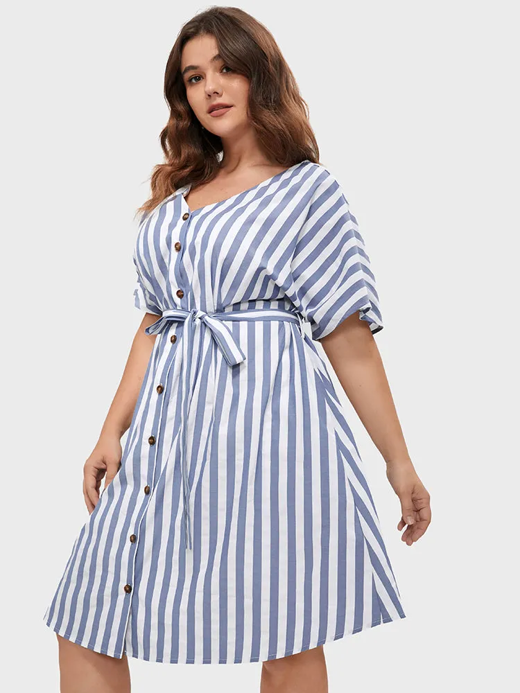 Striped V Neck Button Belted Knee Dress sold by Bloomchic product image thumbnail 4
