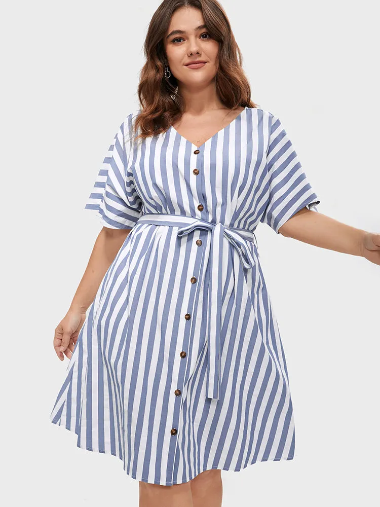 Striped V Neck Button Belted Knee Dress sold by Bloomchic product image thumbnail 3