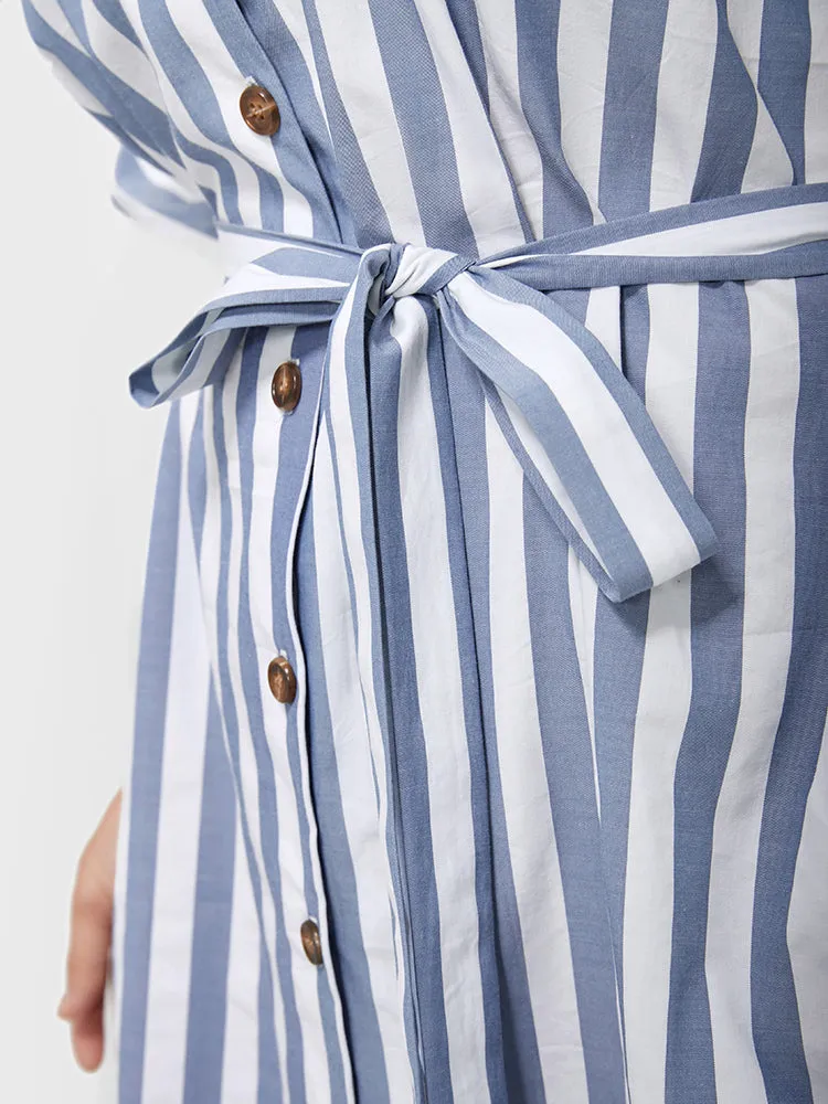 Striped V Neck Button Belted Knee Dress sold by Bloomchic product image thumbnail 5