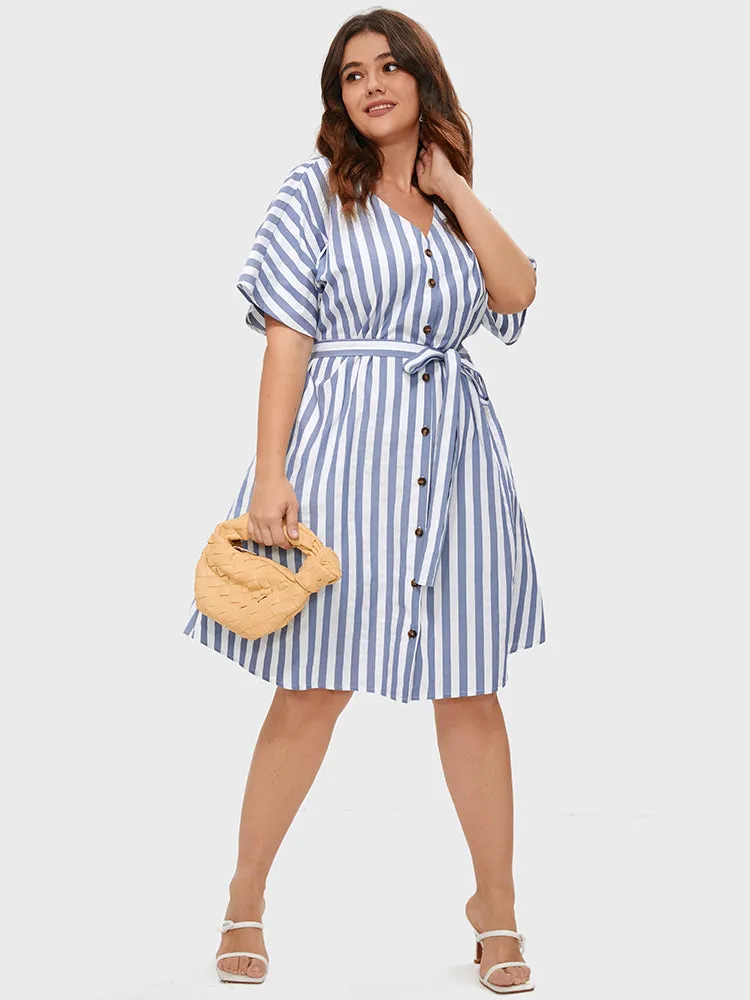 Striped V Neck Button Belted Knee Dress sold by Bloomchic product image thumbnail 2