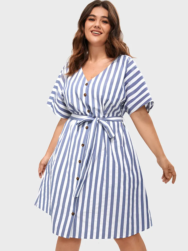 Striped V Neck Button Belted Knee Dress sold by Bloomchic