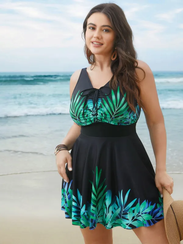 Tropical Print Adjusable Drawstring One-Piece Swimsuit sold by Bloomchic
