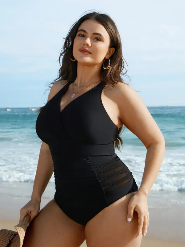 Ruched See Through Solid One-Piece Swimsuit sold by Bloomchic